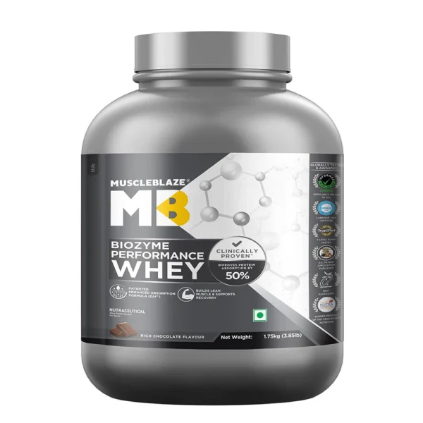 MuscleBlaze Biozyme Performance Whey Protein Powder, Chocolate Hazelnut (2kg / 4.4lbs) | 25g Protein Per Scoop | Clinically Tested 50% Higher Protein Absorption
